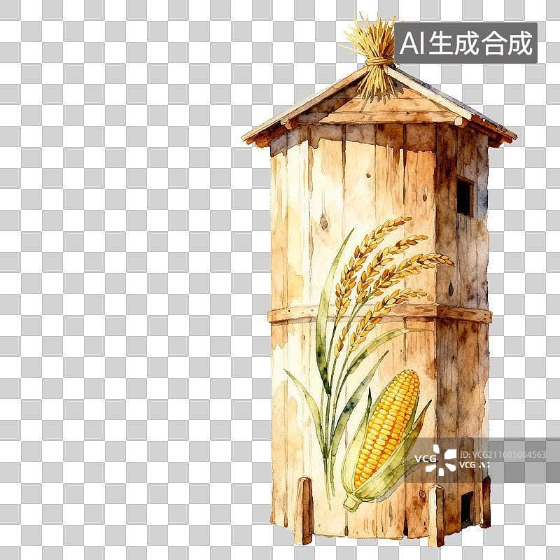 【AI数字艺术】水彩风格的木制粮仓与农作物装饰图片素材