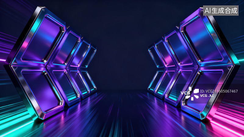 【AI数字艺术】未来蓝色科技对称霓虹灯组成的舞台平台背景图片素材