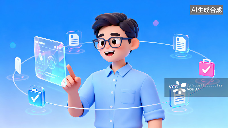 【AI数字艺术】戴眼镜的卡通男孩在隔空操作未来全息投影科技程序，未来数字交互科技概念图片素材