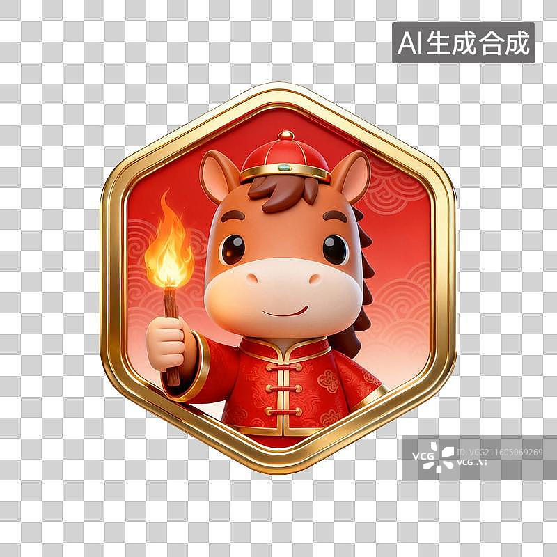【AI数字艺术】国潮生肖马徽章系列营销素材：举火把图片素材