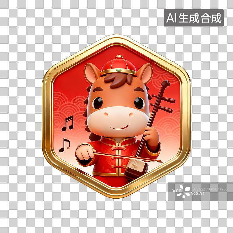 【AI数字艺术】国潮生肖马徽章系列营销素材：拉二胡民乐家图片素材