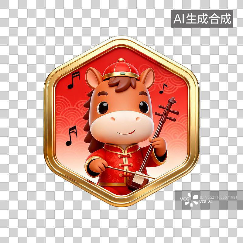 【AI数字艺术】国潮生肖马徽章系列营销素材：拉二胡民乐家图片素材