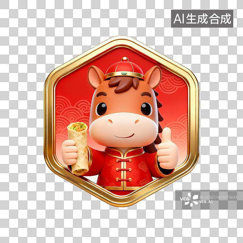 【AI数字艺术】国潮生肖马徽章系列营销素材：手拿卷饼图片素材
