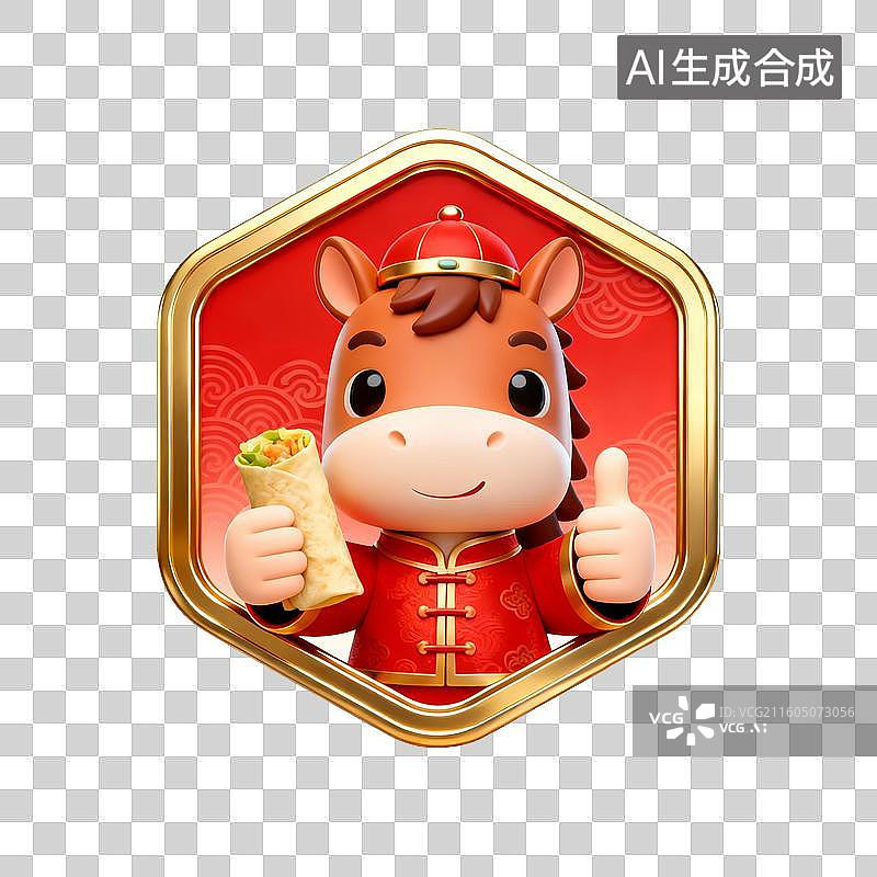 【AI数字艺术】国潮生肖马徽章系列营销素材：手拿卷饼图片素材