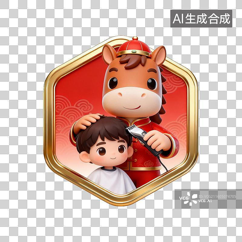 【AI数字艺术】国潮生肖马徽章系列营销素材：龙抬头理发图片素材