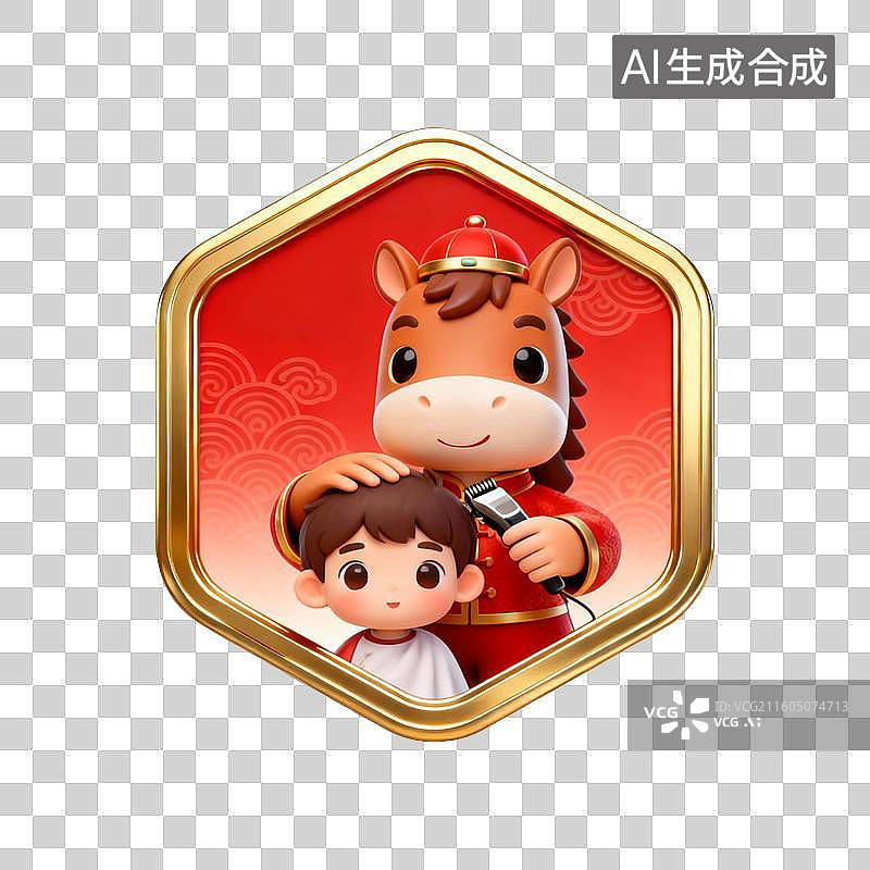 【AI数字艺术】国潮生肖马徽章系列营销素材：龙抬头理发图片素材