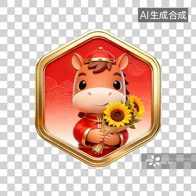 【AI数字艺术】国潮生肖马徽章系列营销素材：手捧向日葵图片素材