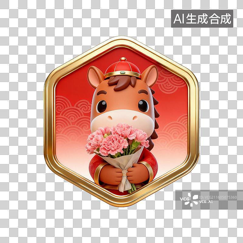 【AI数字艺术】国潮生肖马徽章系列营销素材：手捧康乃馨花束图片素材
