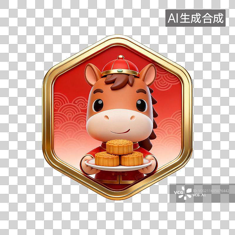 【AI数字艺术】国潮生肖马徽章系列营销素材：手端月饼中秋节图片素材