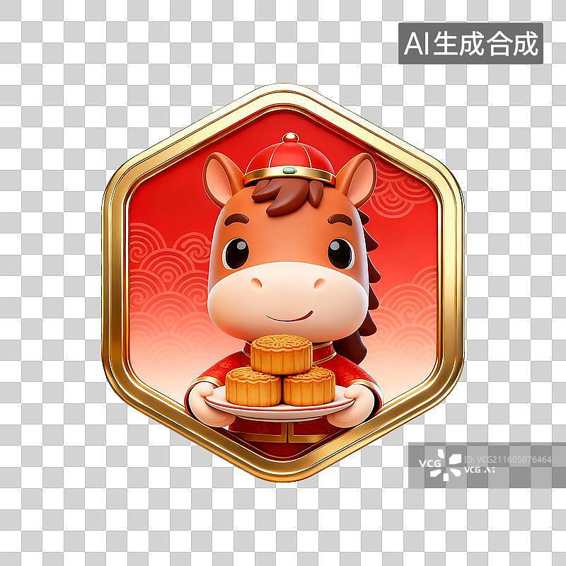 【AI数字艺术】国潮生肖马徽章系列营销素材：手端月饼中秋节图片素材
