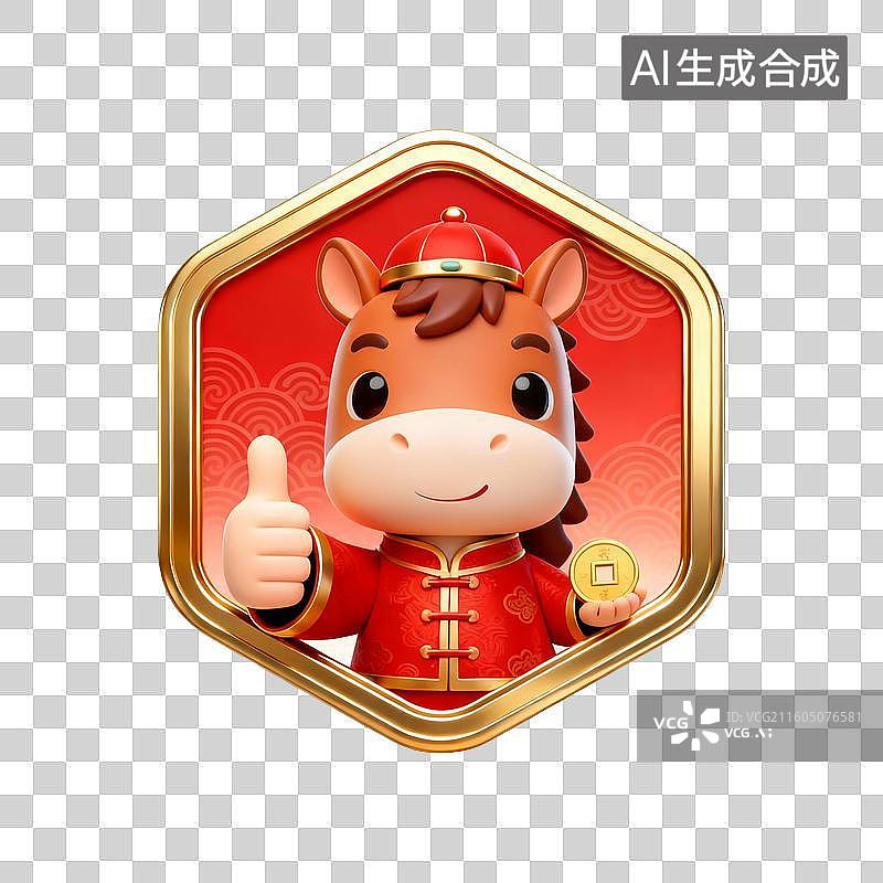 【AI数字艺术】国潮生肖马徽章系列营销素材：手拿金币图片素材
