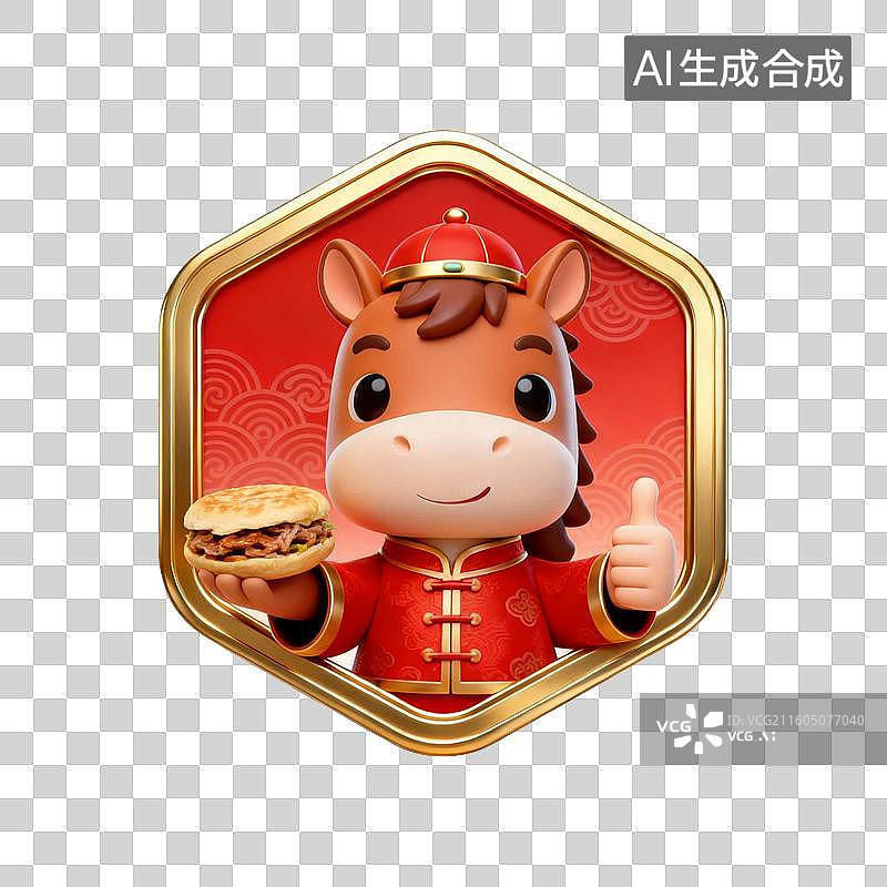 【AI数字艺术】国潮生肖马徽章系列营销素材：手拿肉夹馍图片素材