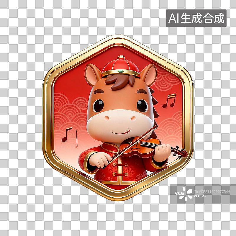 【AI数字艺术】国潮生肖马徽章系列营销素材：拉小提琴图片素材