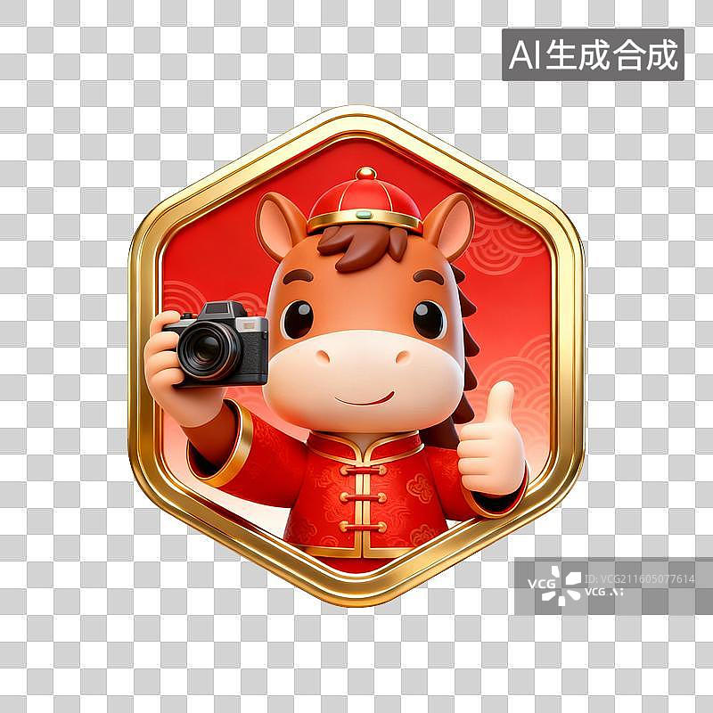 【AI数字艺术】国潮生肖马徽章系列营销素材：手拿相机拍照摄影图片素材