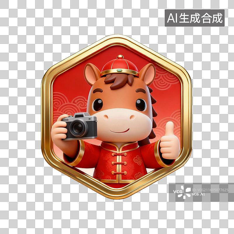 【AI数字艺术】国潮生肖马徽章系列营销素材：手拿相机拍照摄影图片素材