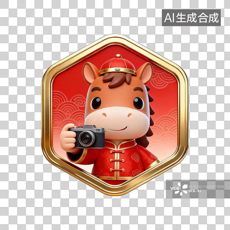 【AI数字艺术】国潮生肖马徽章系列营销素材：手拿相机拍照摄影图片素材