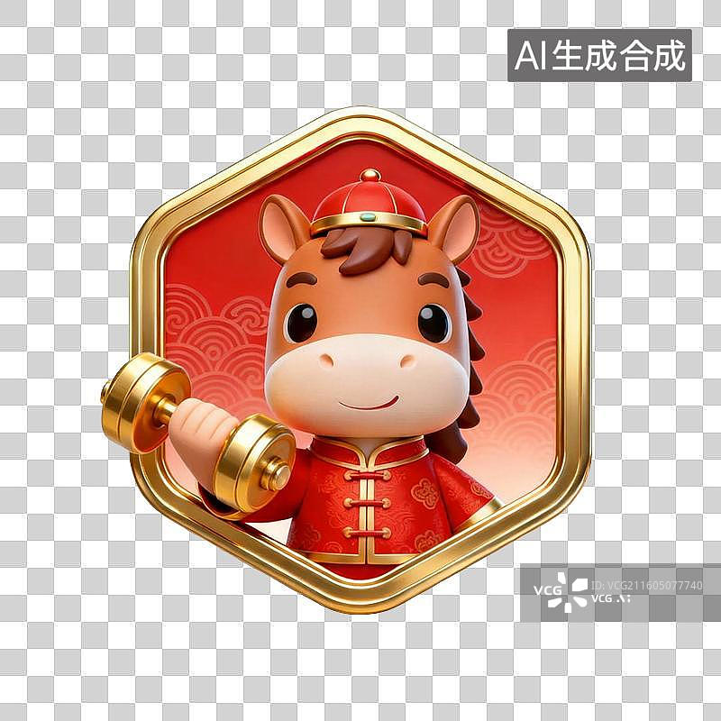 【AI数字艺术】国潮生肖马徽章系列营销素材：手提哑铃图片素材