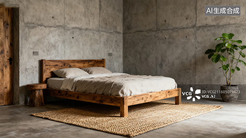 【AI数字艺术】复古质朴自然的木床灰墙卧室空间图片素材