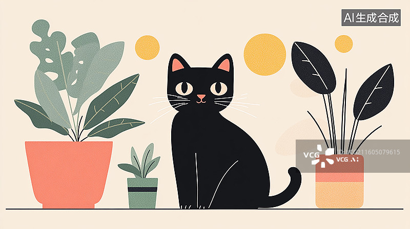 【AI数字艺术】治愈系卡通黑猫盆栽花卉插画图图片素材