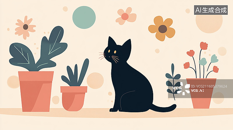 【AI数字艺术】治愈系卡通黑猫盆栽花卉插画图图片素材