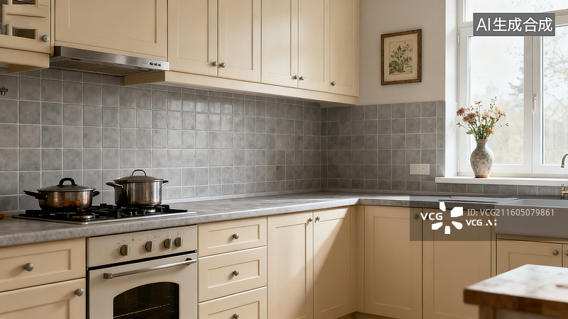 【AI数字艺术】复古质朴实用的米柜灰砖厨房图片素材