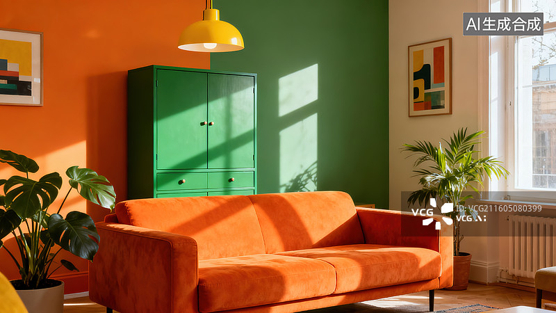 【AI数字艺术】活力艺术的橙沙发绿柜黄灯客厅空间图片素材