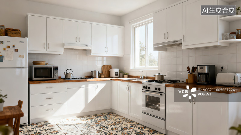 【AI数字艺术】复古质朴实用的白柜木台面厨房图片素材