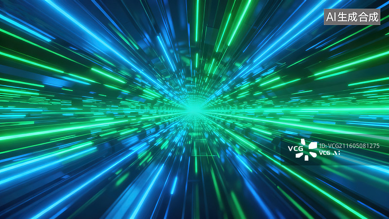 【AI数字艺术】科技感未来感动感科幻的绿蓝光光隧道空间图片素材