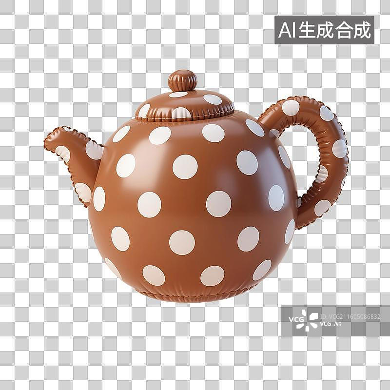 【AI数字艺术】3D渲染，充气膨胀风格，褐色卡通茶壶，茶具，咖啡壶，下午茶，茶道，茶文化，免抠元素图片素材
