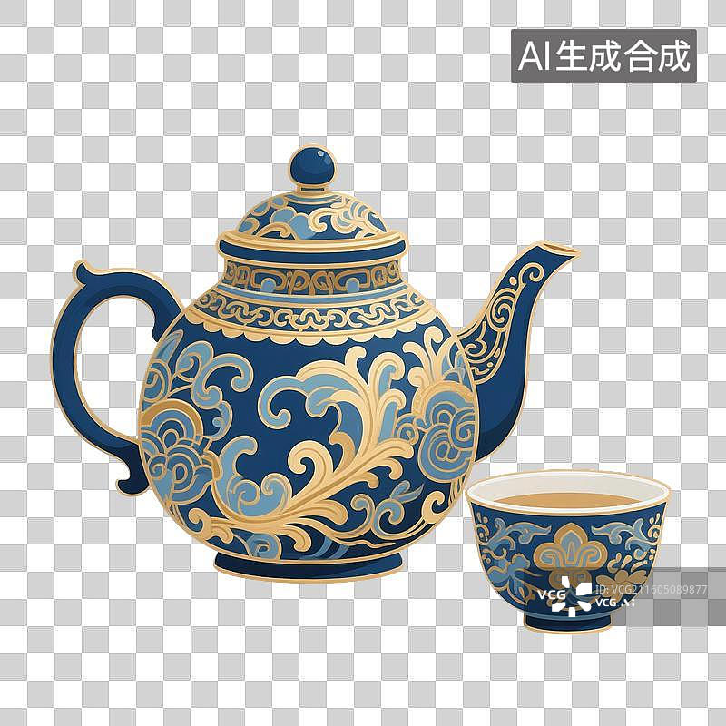 【AI数字艺术】国风手绘插画，茶具，茶壶茶杯，春茶，茶叶，茶文化，茶道免抠元素图片素材