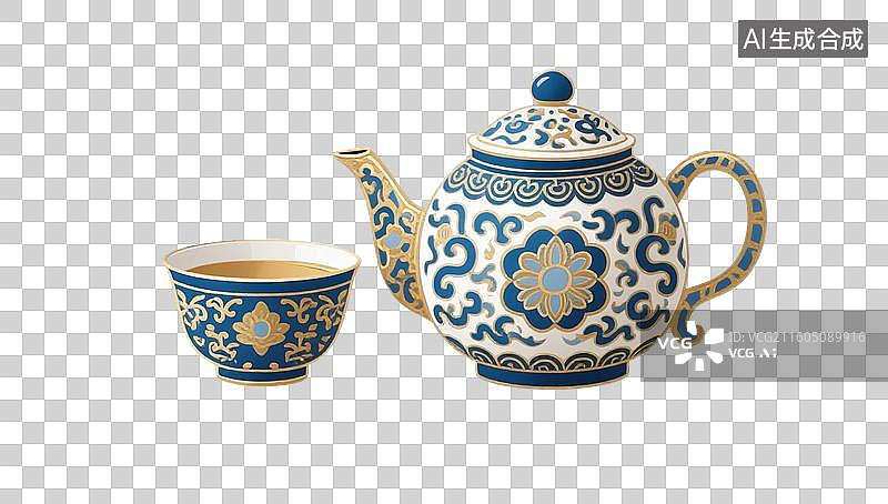 【AI数字艺术】国风手绘插画，茶具，茶壶茶杯，春茶，茶叶，茶文化，茶道免抠元素图片素材