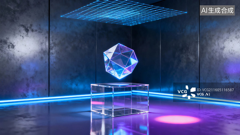 【AI数字艺术】悬浮多面体水晶装置图片素材