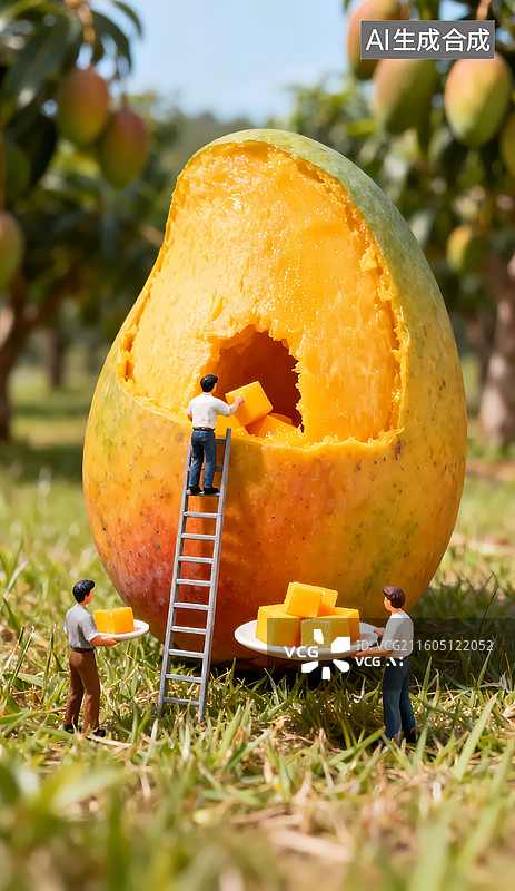 【AI数字艺术】三个人在取芒果果肉果园草地微缩景观三维图图片素材