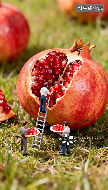 【AI数字艺术】三个人在取石榴籽石榴草地微缩景观三维图图片素材