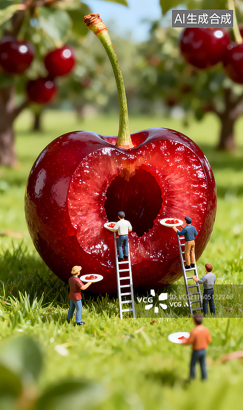 【AI数字艺术】几个人在取樱桃果肉草地微缩景观三维图图片素材