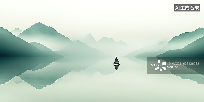 【AI数字艺术】国风极简山水中的孤舟插画图片素材