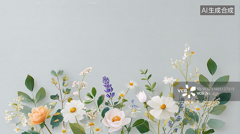 【AI数字艺术】白色纸板上平铺的鲜花浪漫装饰艺术背景图片素材