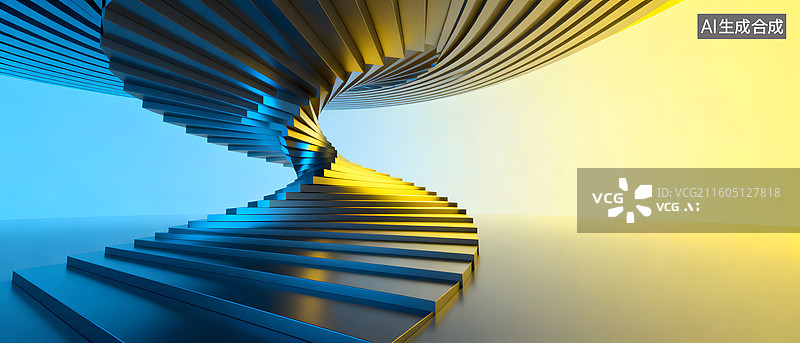 【AI数字艺术】蓝黄渐变螺旋阶梯空间图片素材