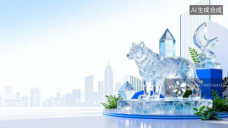 【AI数字艺术】3D简约城市冰雕宣传图片素材