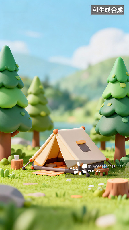 【AI数字艺术】3d卡通户外帐篷露营场景图片素材
