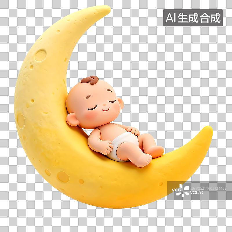 【AI数字艺术】3D可爱的婴儿躺在月亮月牙上睡觉图片素材