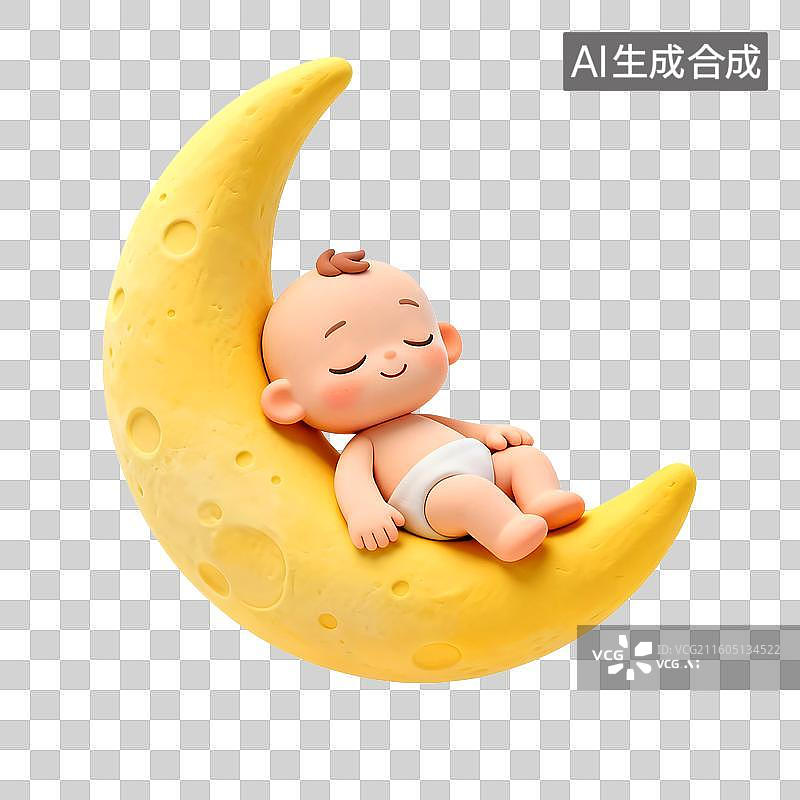 【AI数字艺术】3D可爱的婴儿躺在月亮月牙上睡觉图片素材