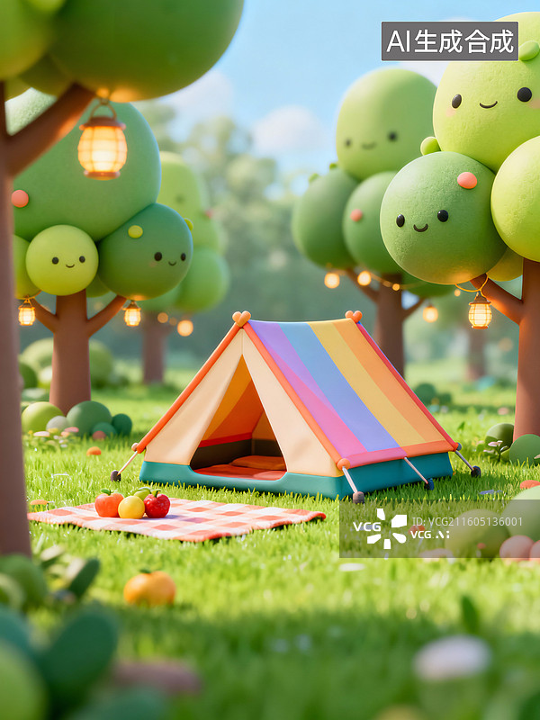 【AI数字艺术】3d卡通户外帐篷露营场景图片素材