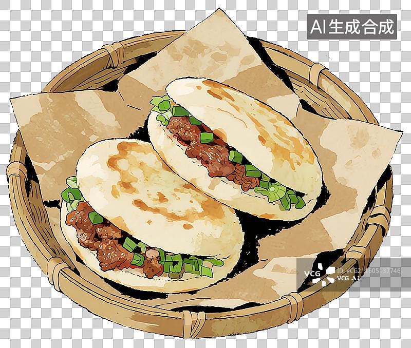 【AI数字艺术】一个小簸箕里放着两个肉夹馍图片素材