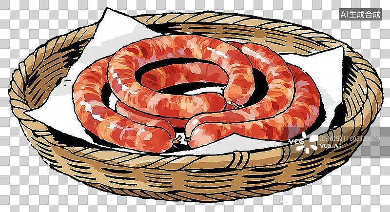【AI数字艺术】一个簸箕里放着刚灌好的生香肠图片素材