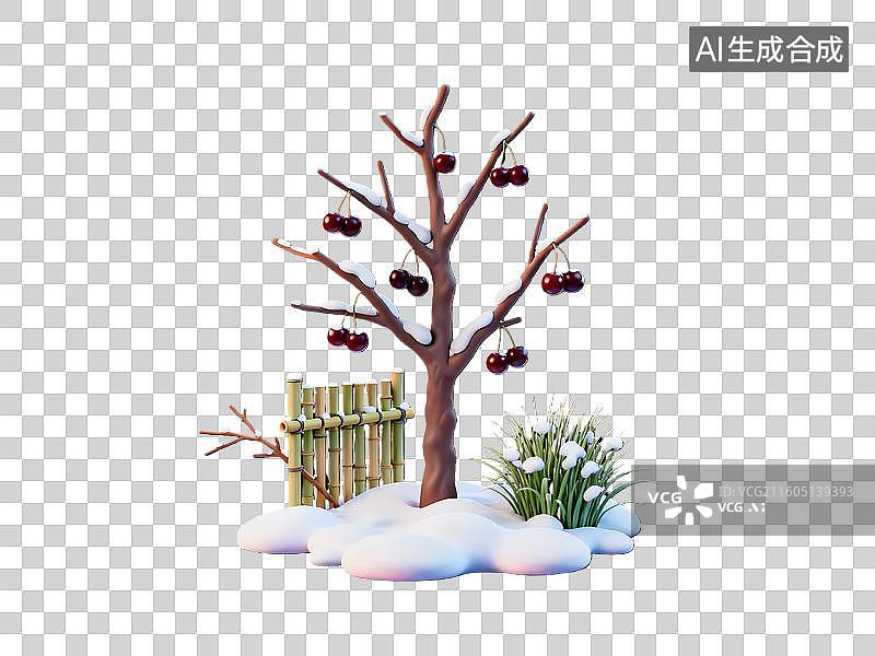 【AI数字艺术】3d粘土风格装饰元素冰雪覆盖的樱桃树图片素材