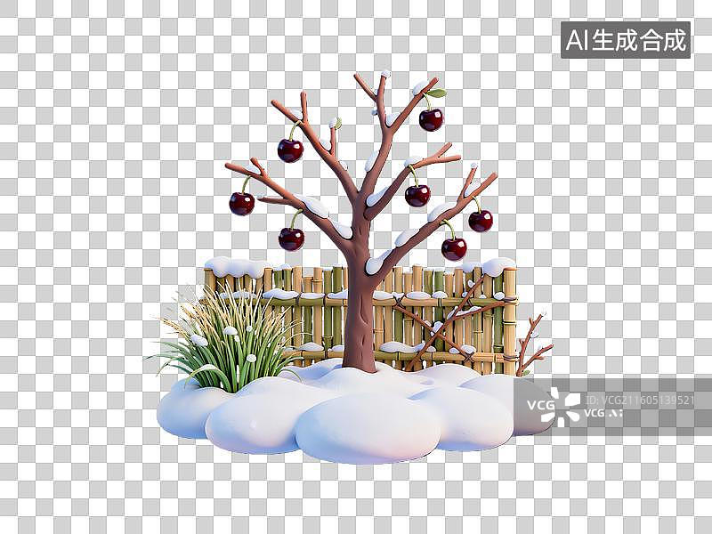 【AI数字艺术】3d粘土风格装饰元素冰雪覆盖的樱桃树图片素材