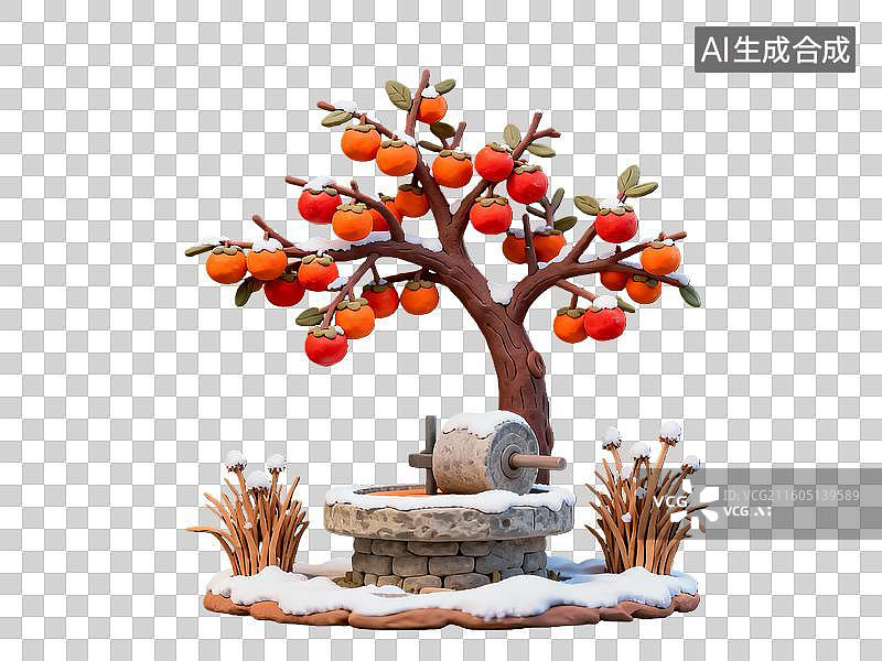 【AI数字艺术】3d粘土风格装饰元素冰雪覆盖的柿子树图片素材