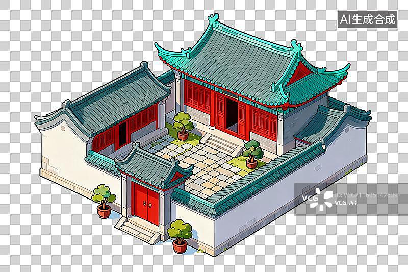 【AI数字艺术】卡通风格，一座古代四合院PNG格式的免扣元素图片素材