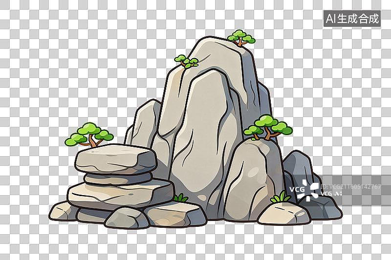 【AI数字艺术】卡通风格，园林建筑，假山PNG格式的免扣元素图片素材